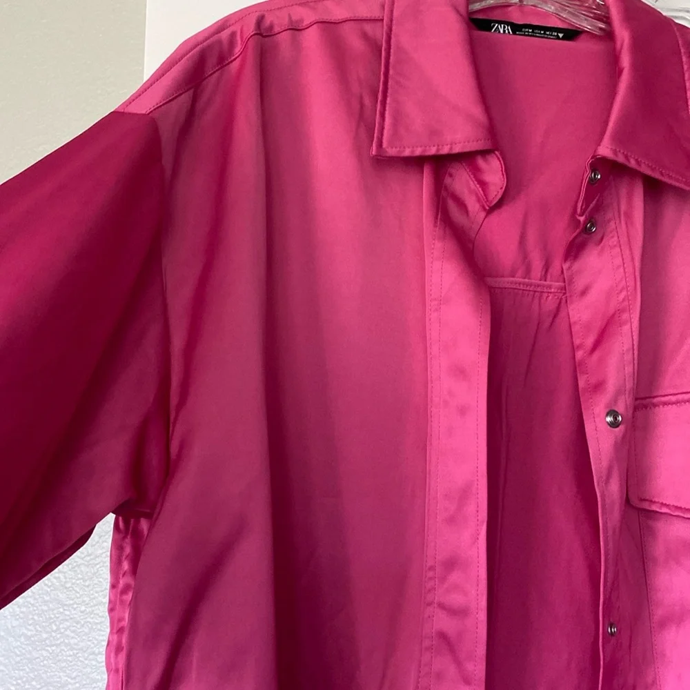 COPY SET Zara Pink Satin Oversized Shirt Jacket Shorts M 6/8 Bloggers Mango NWOT